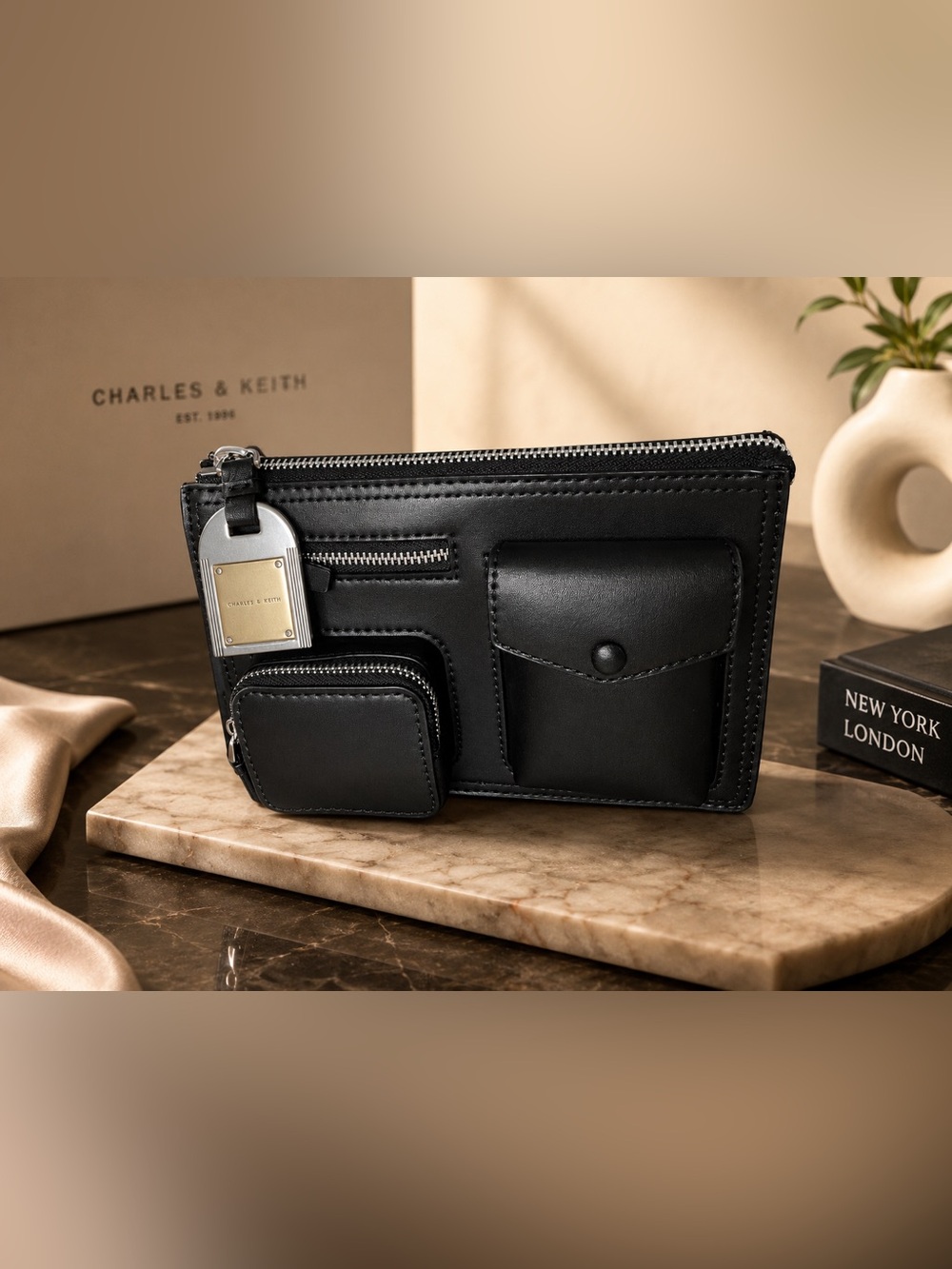 Charles & Keith Black Multi Pocket Mini Shoulder Bag NWT Utility Pouch